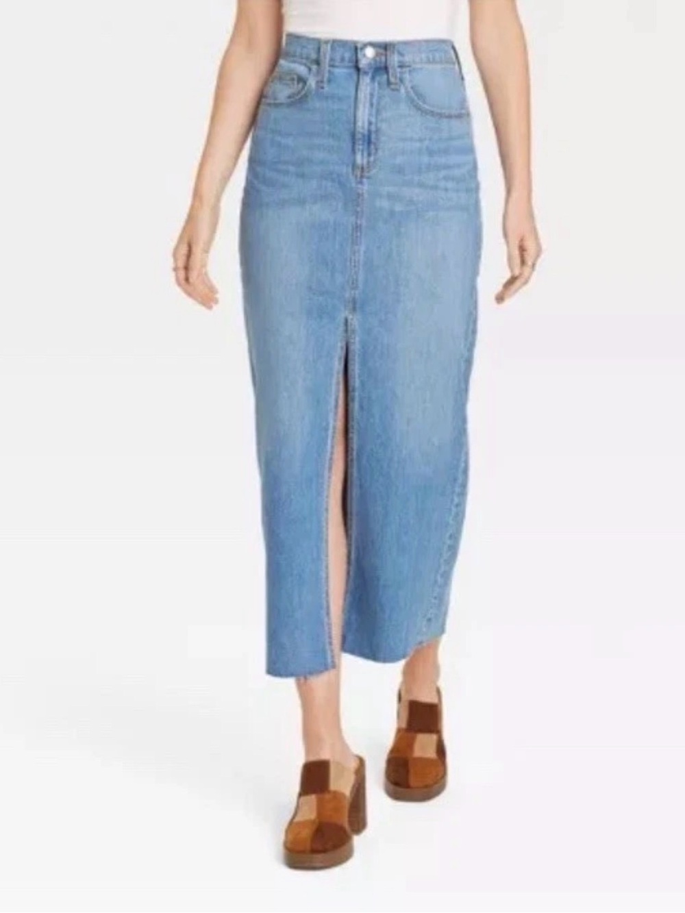 Light Blue Denim Maxi Skirt with Front Slit